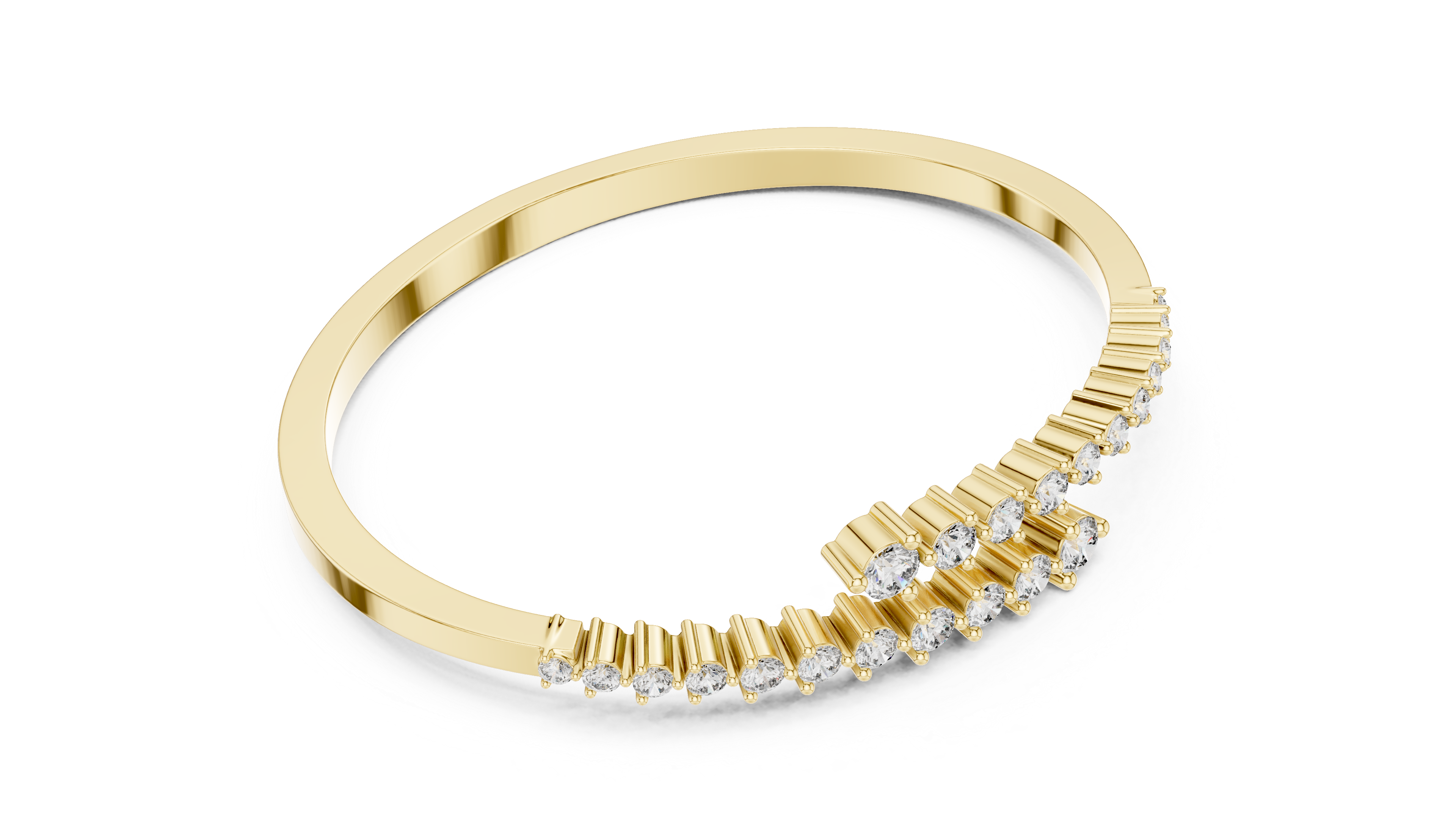 Yellow gold bypass diamond bangle, angled view with pavé round stones.