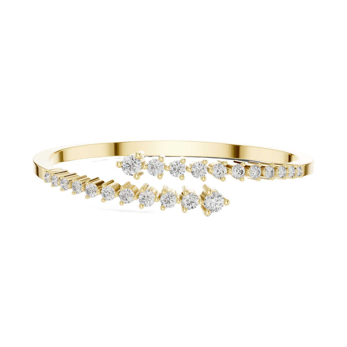 Yellow gold bypass bangle with round diamond pavé accents.