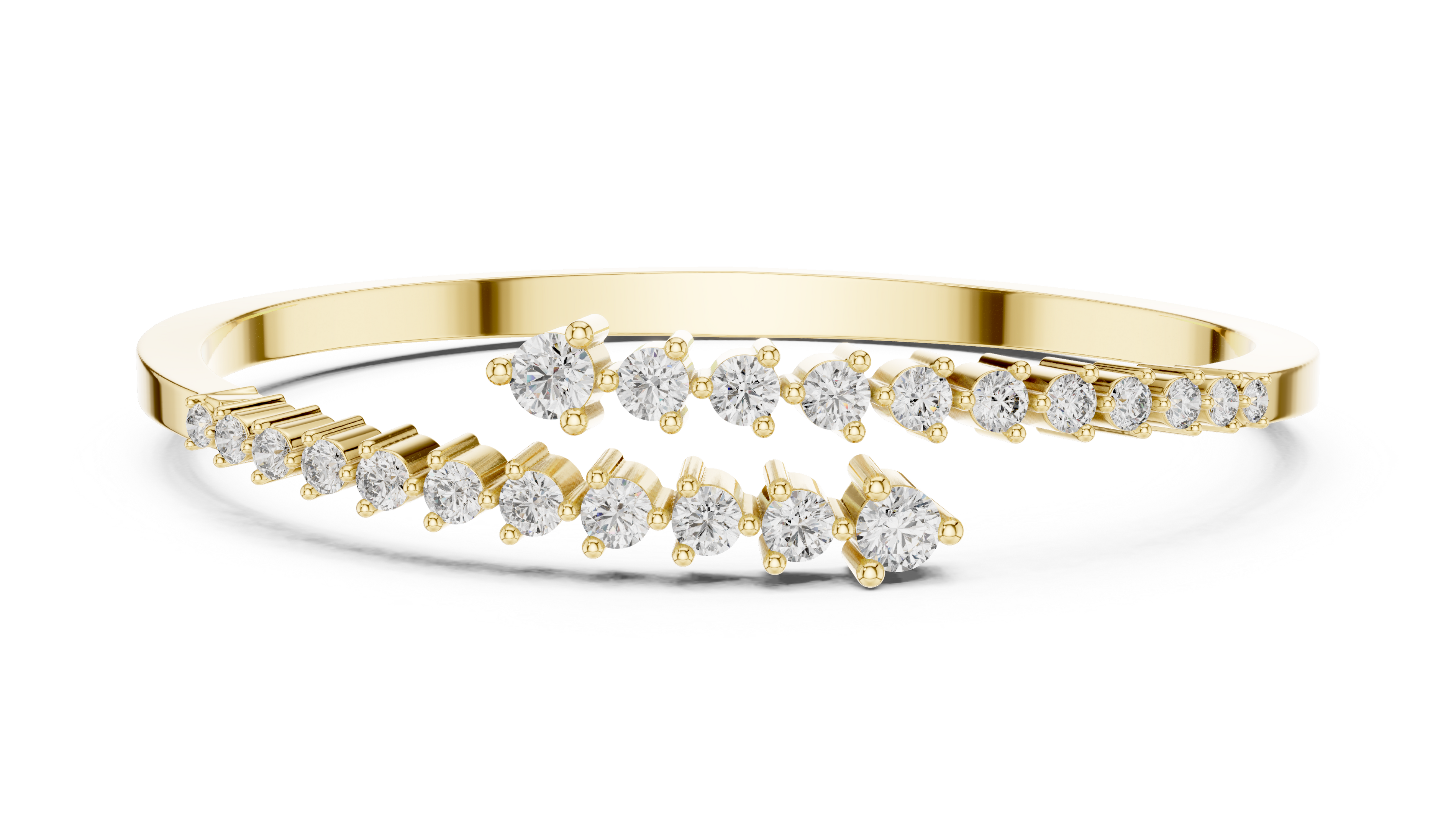 Yellow gold bypass bangle with round diamond pavé accents.