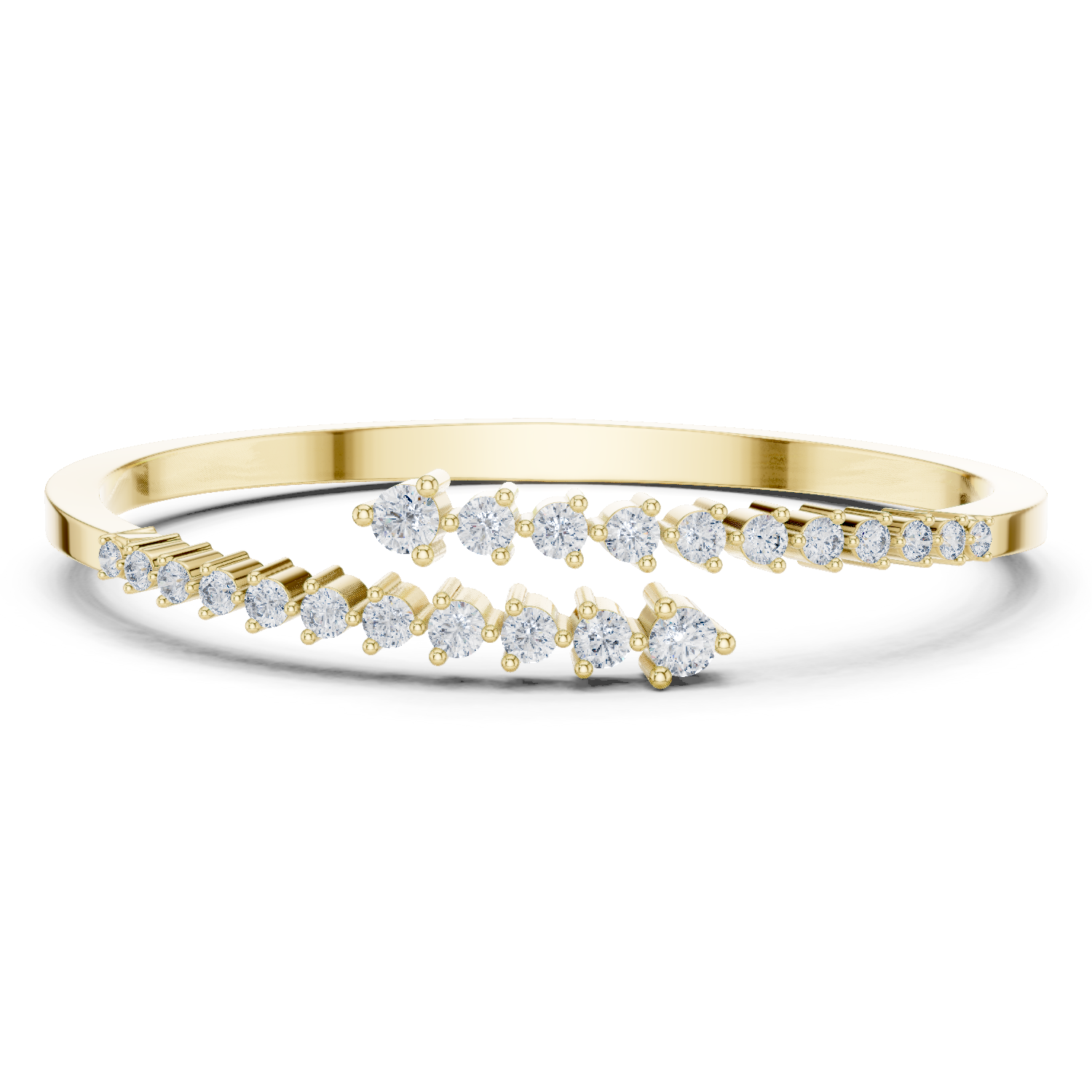 Diamond statement bypass bangle, yellow gold with multiple rows of round stones.