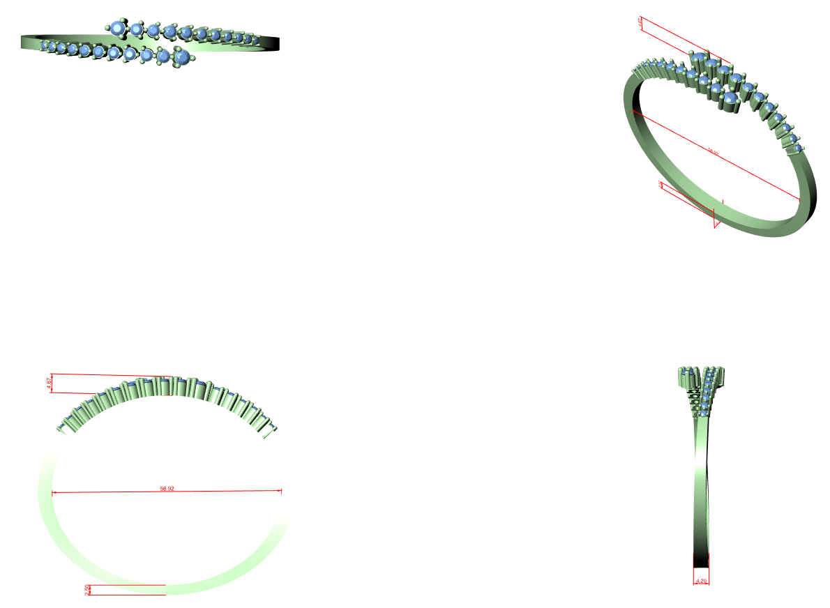 Diamond bangle diagram with bypass band, stone row, and dimension lines