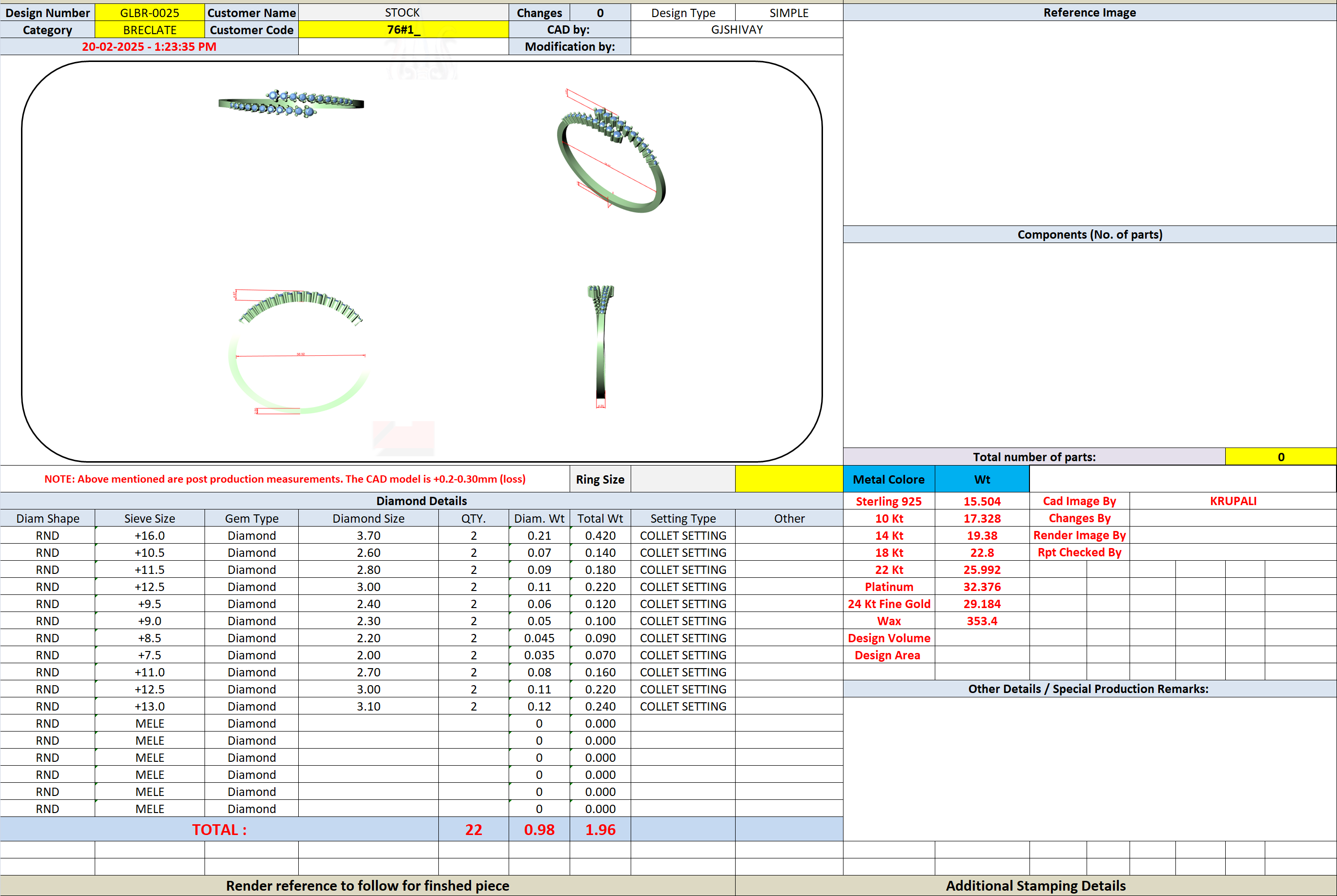 Diamond bangle CAD sheet showing bypass band layout and component measurements