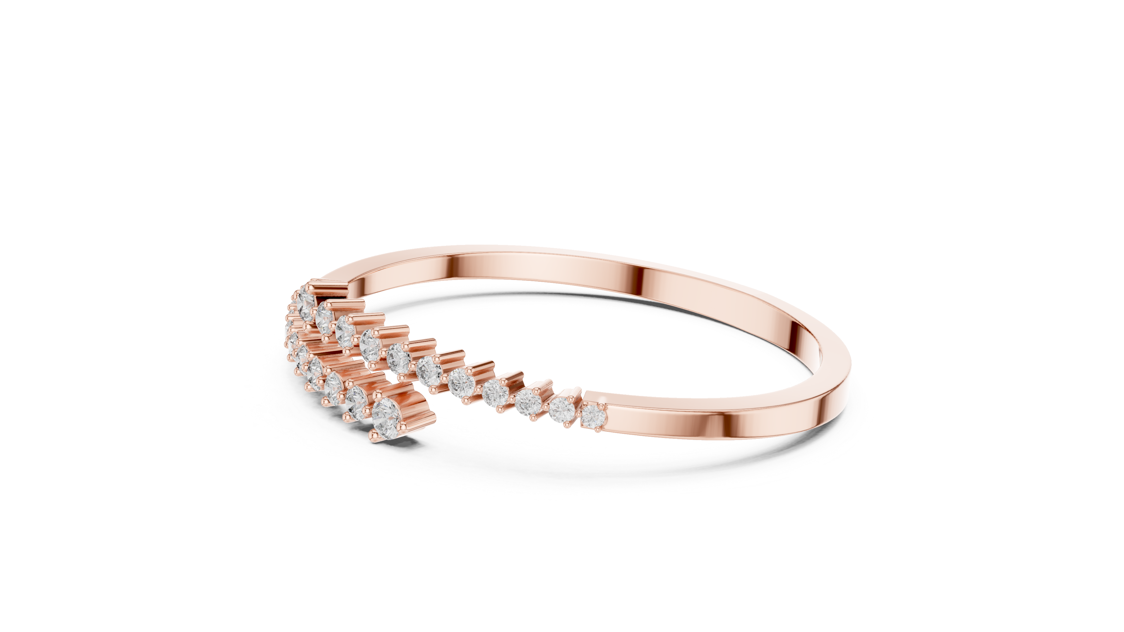 Rose gold bypass bangle with round diamond pavé accents, angled view.