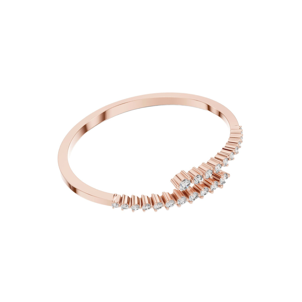 Rose gold bypass diamond bangle, angled view with pavé round stones.