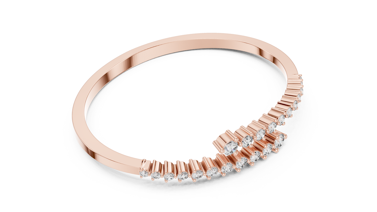 Rose gold bypass diamond bangle, angled view with pavé round stones.