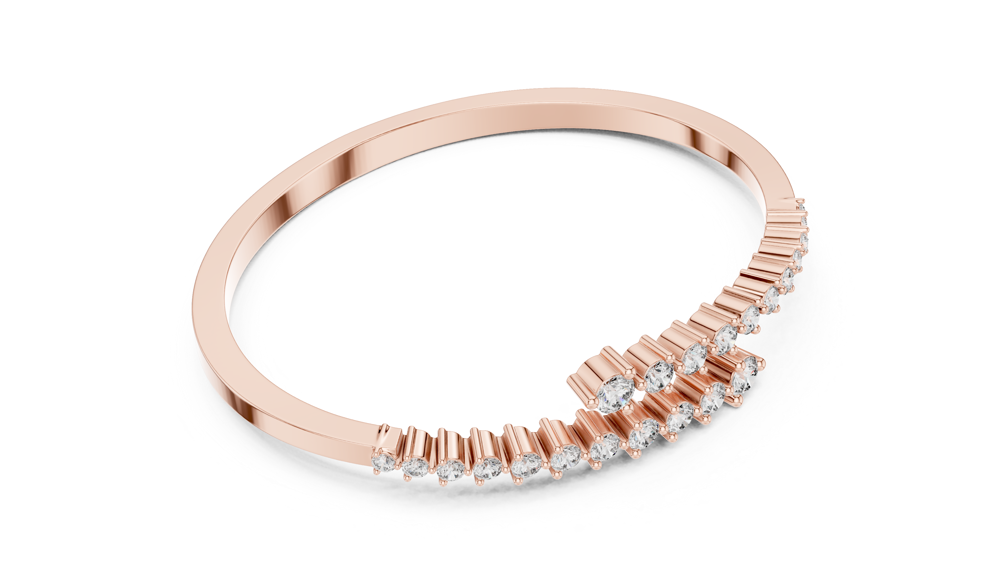 Rose gold bypass diamond bangle, angled view with pavé round stones.