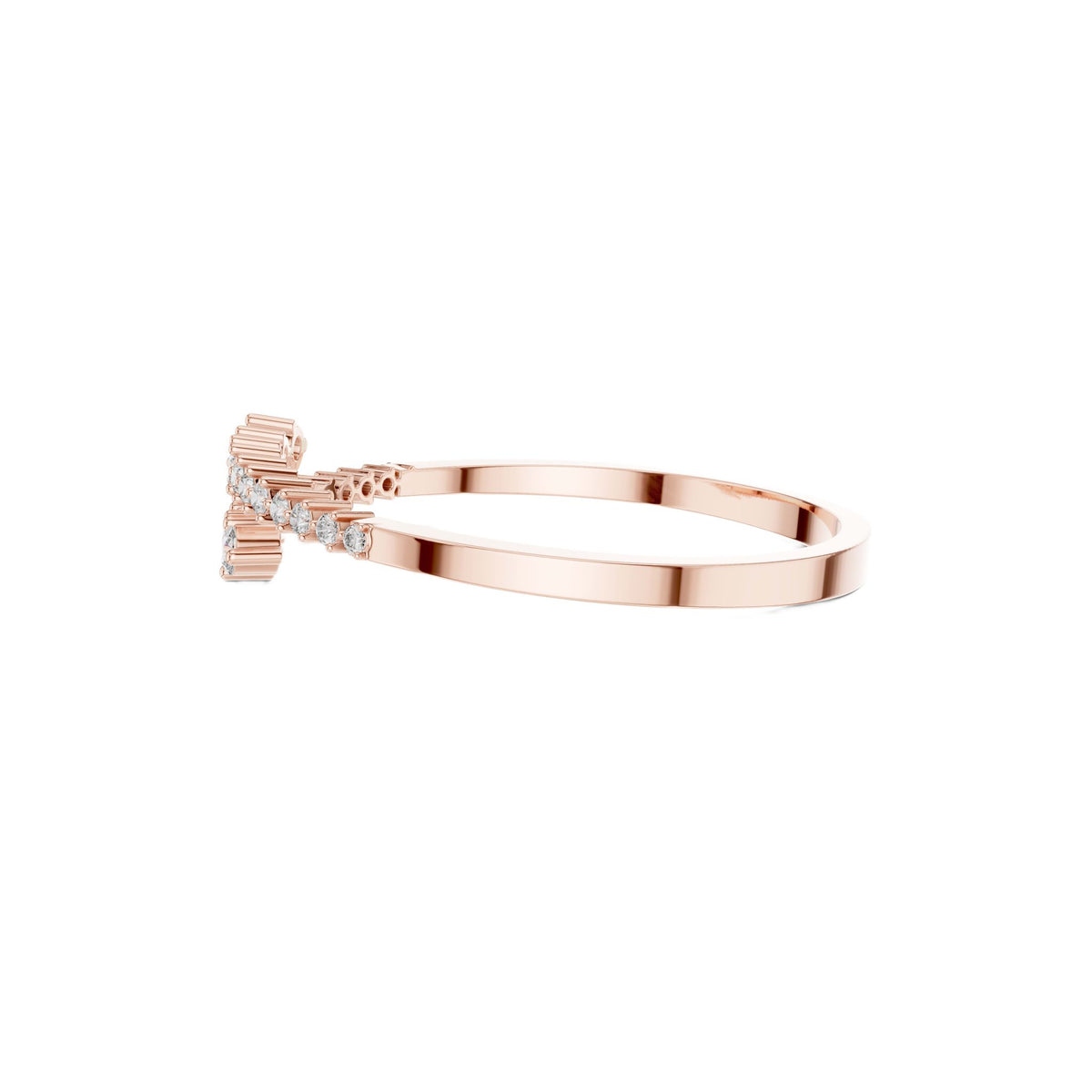 Diamond statement bypass bangle, rose gold with round stones set across the top.