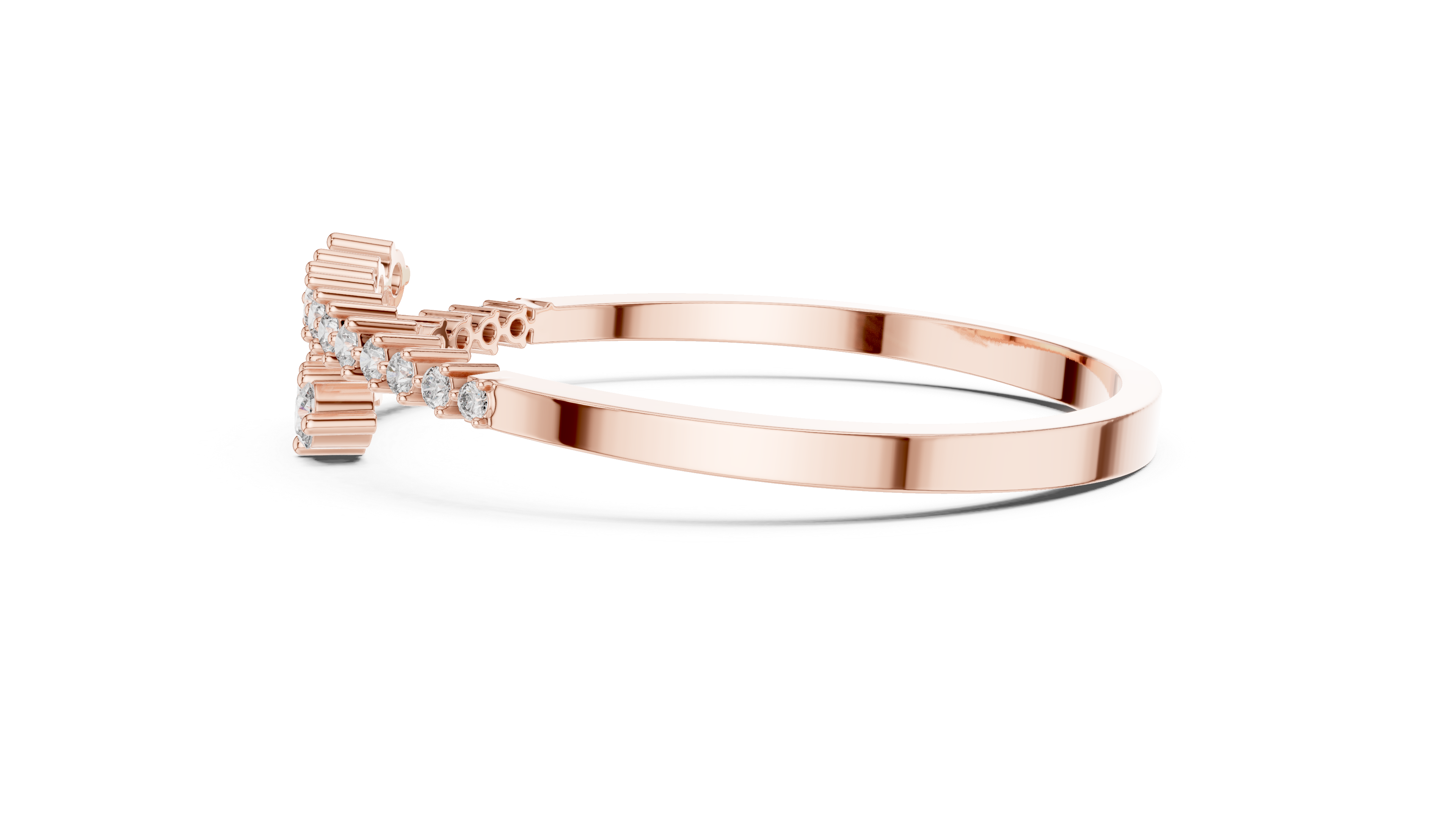Rose gold bypass diamond bangle with round pavé stones and end detail.