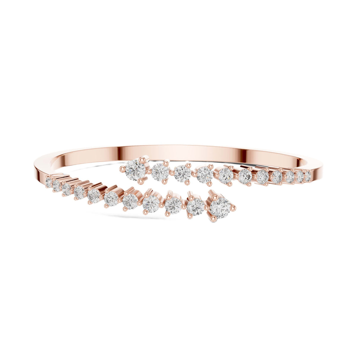 Rose gold bypass bangle with round diamond pavé accents.