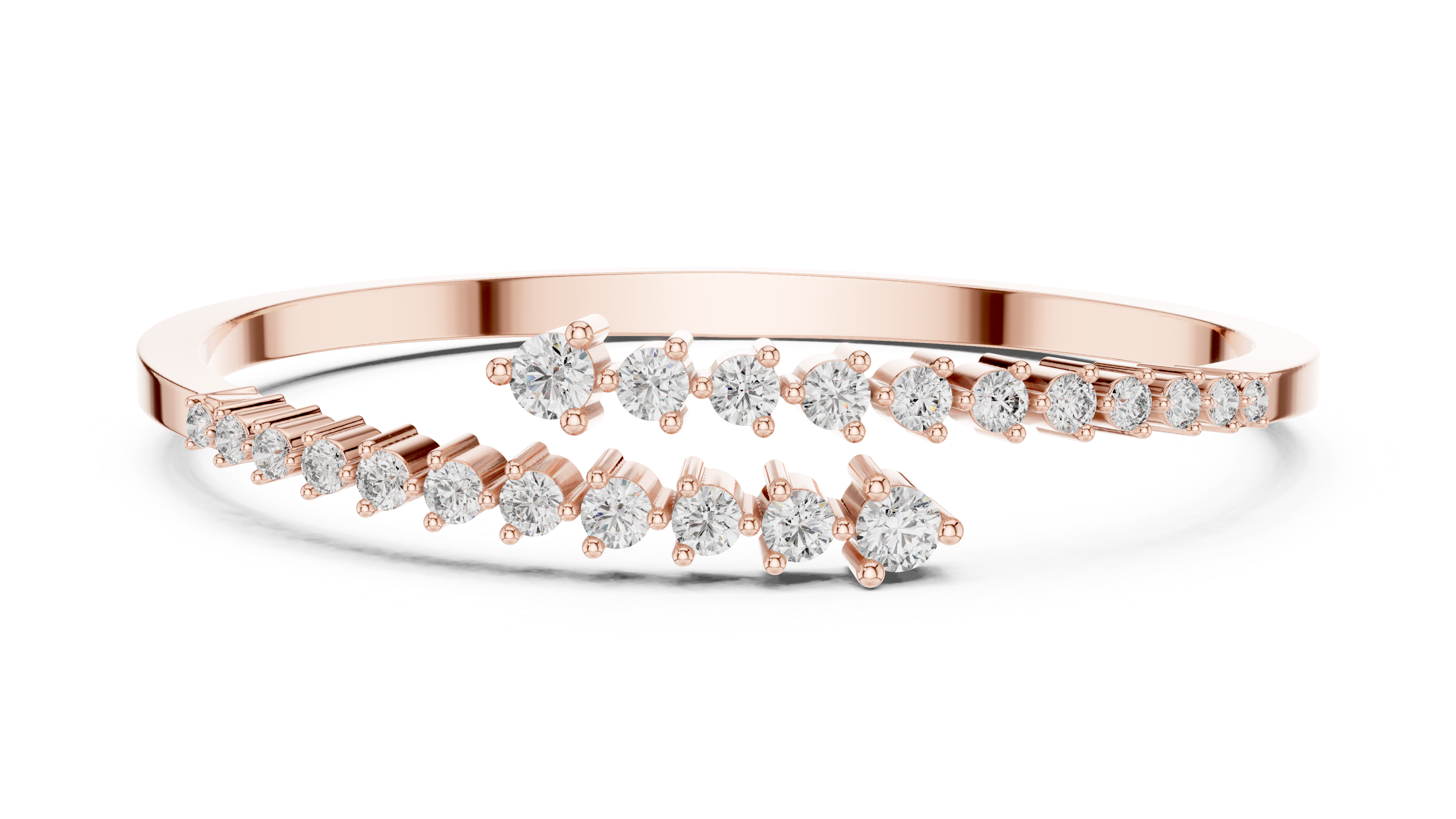 Rose gold bypass bangle with round diamond pavé accents.