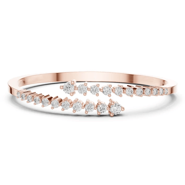 Rose gold diamond bypass statement bangle with round stones, front view