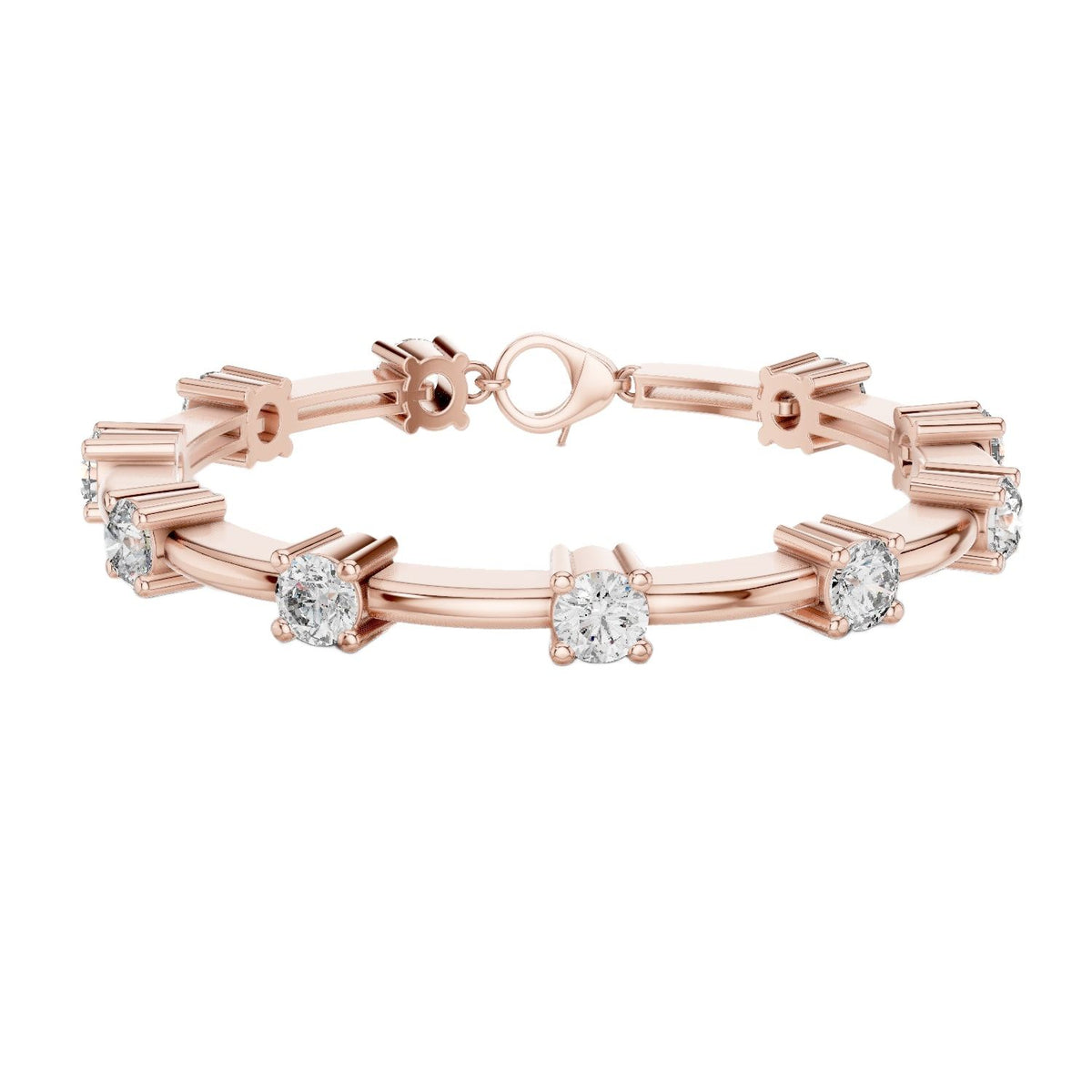 Rose gold diamond chain bracelet with round solitaire stones and bar link settings