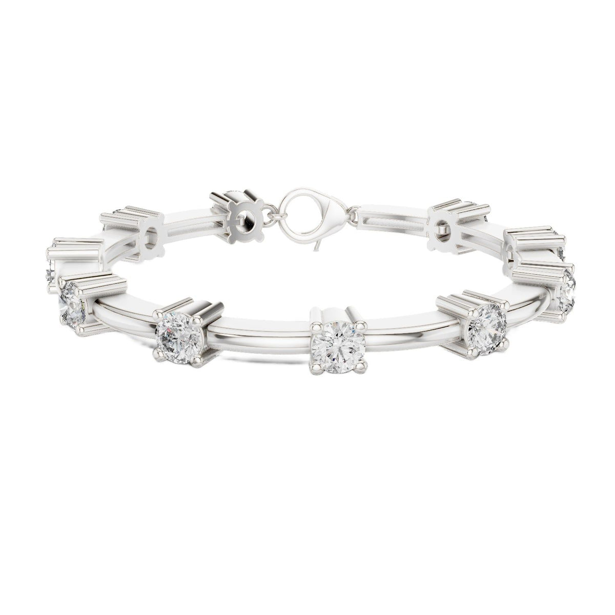 White gold diamond chain bracelet with round solitaire stones in raised bar settings