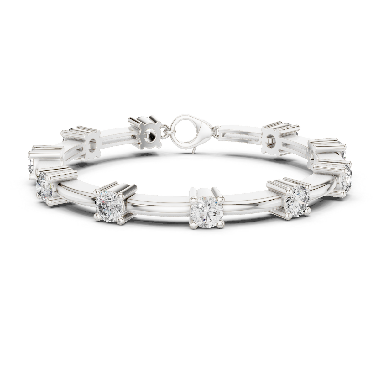 White gold diamond chain bracelet with round solitaire stones in raised bar settings