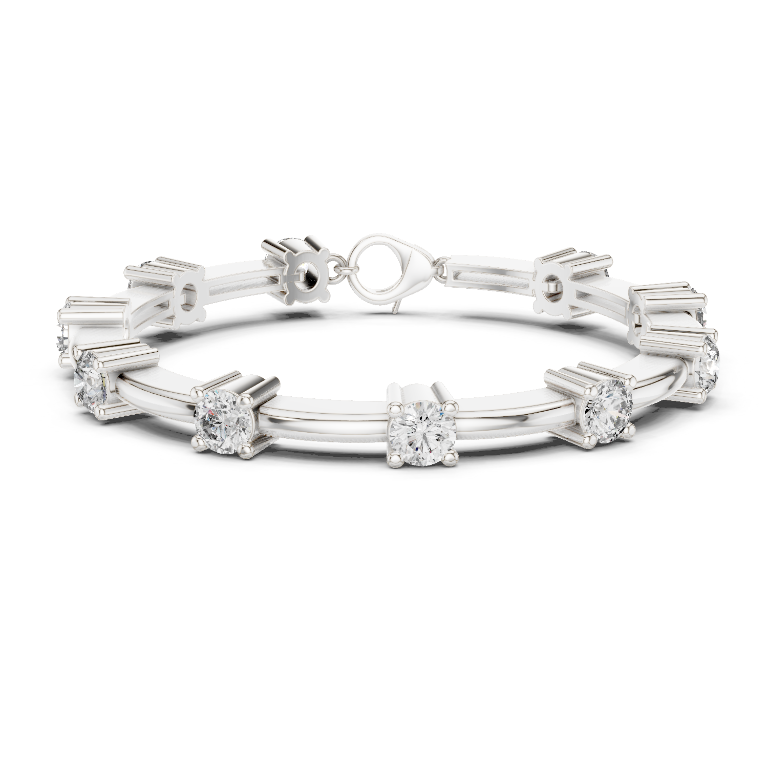 White gold diamond chain bracelet with round solitaire stones in raised bar settings