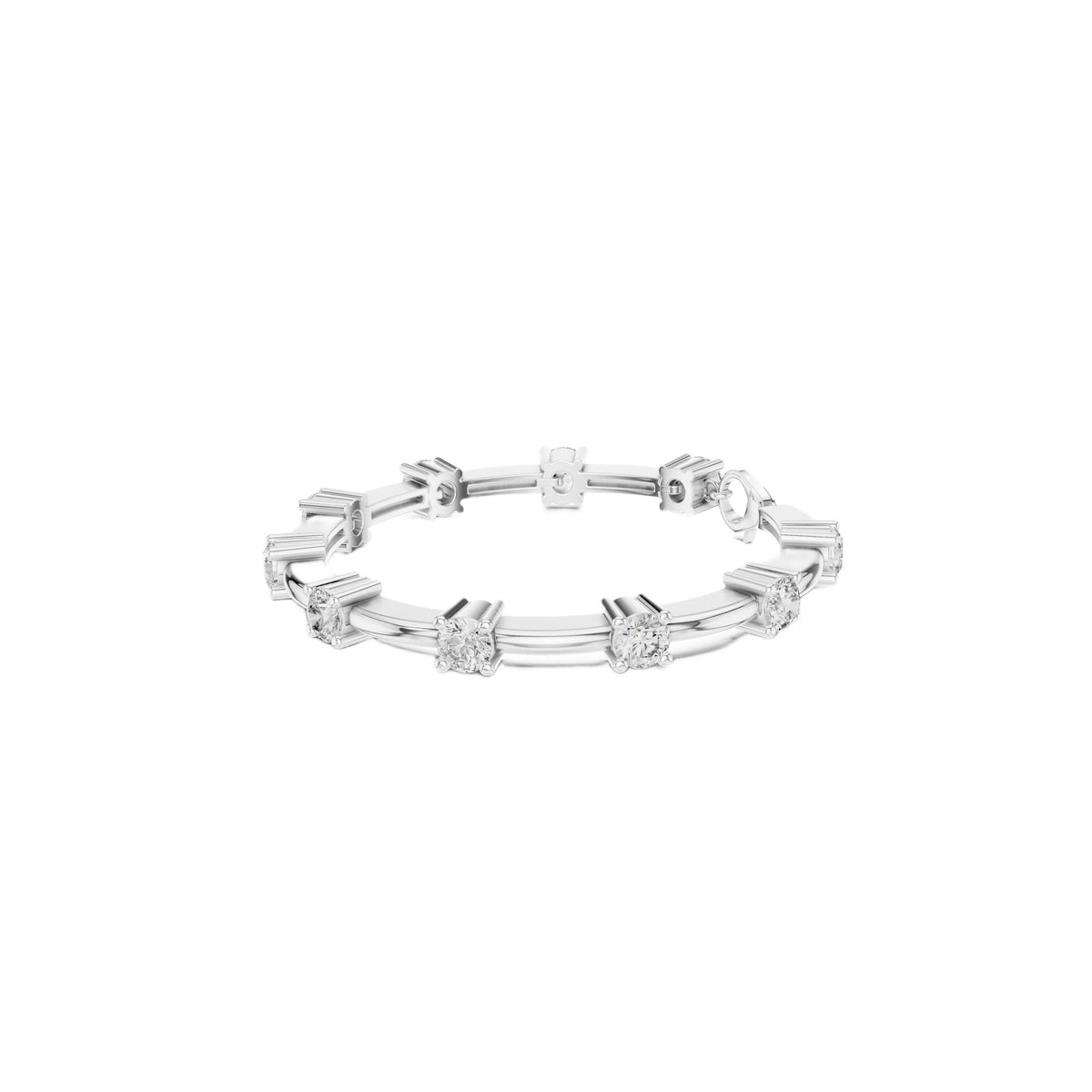 White gold diamond chain bracelet with round solitaire stones, bar link settings