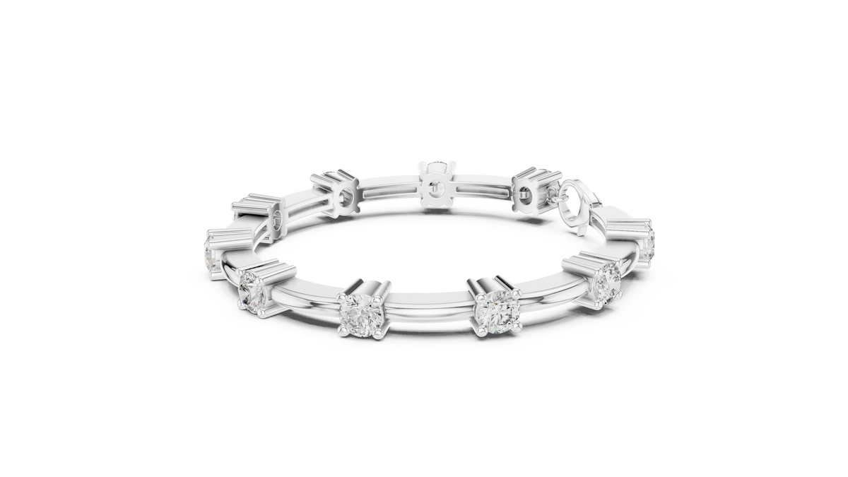 White gold diamond chain bracelet with round solitaire stones, bar link settings