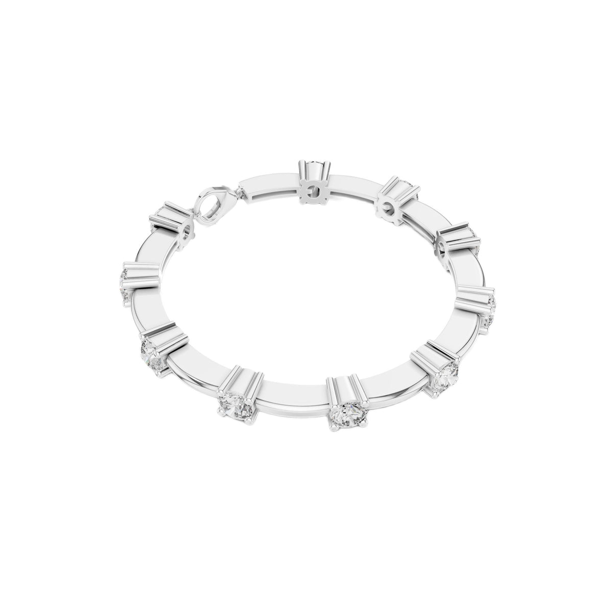 White gold diamond chain bracelet with five round solitaire diamonds encircling the wrist.