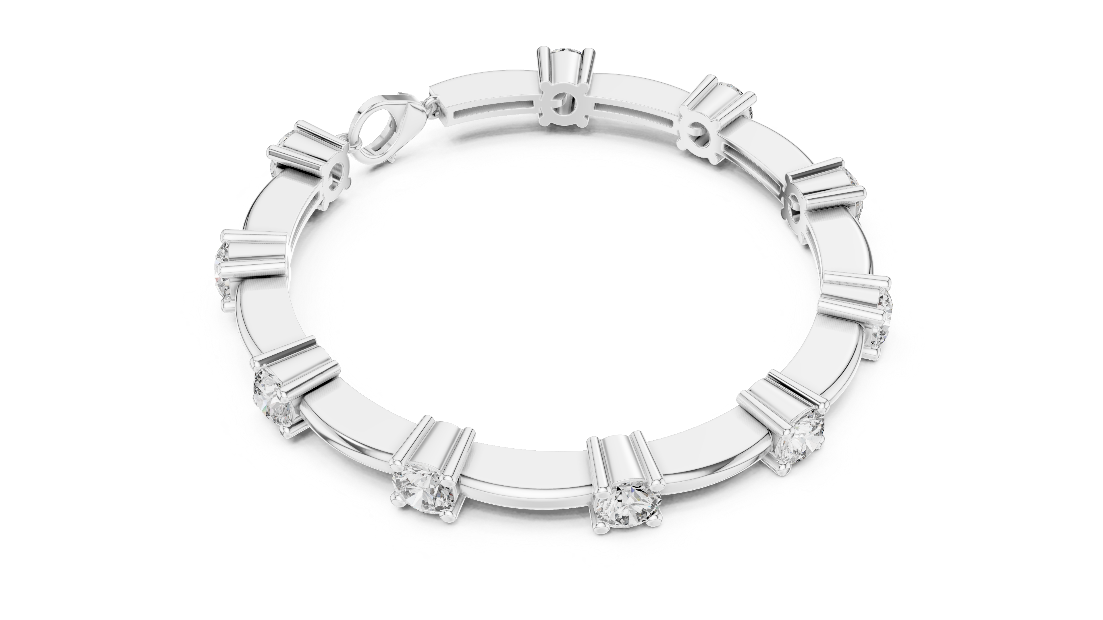 White gold diamond chain bracelet with five round solitaire diamonds encircling the wrist.