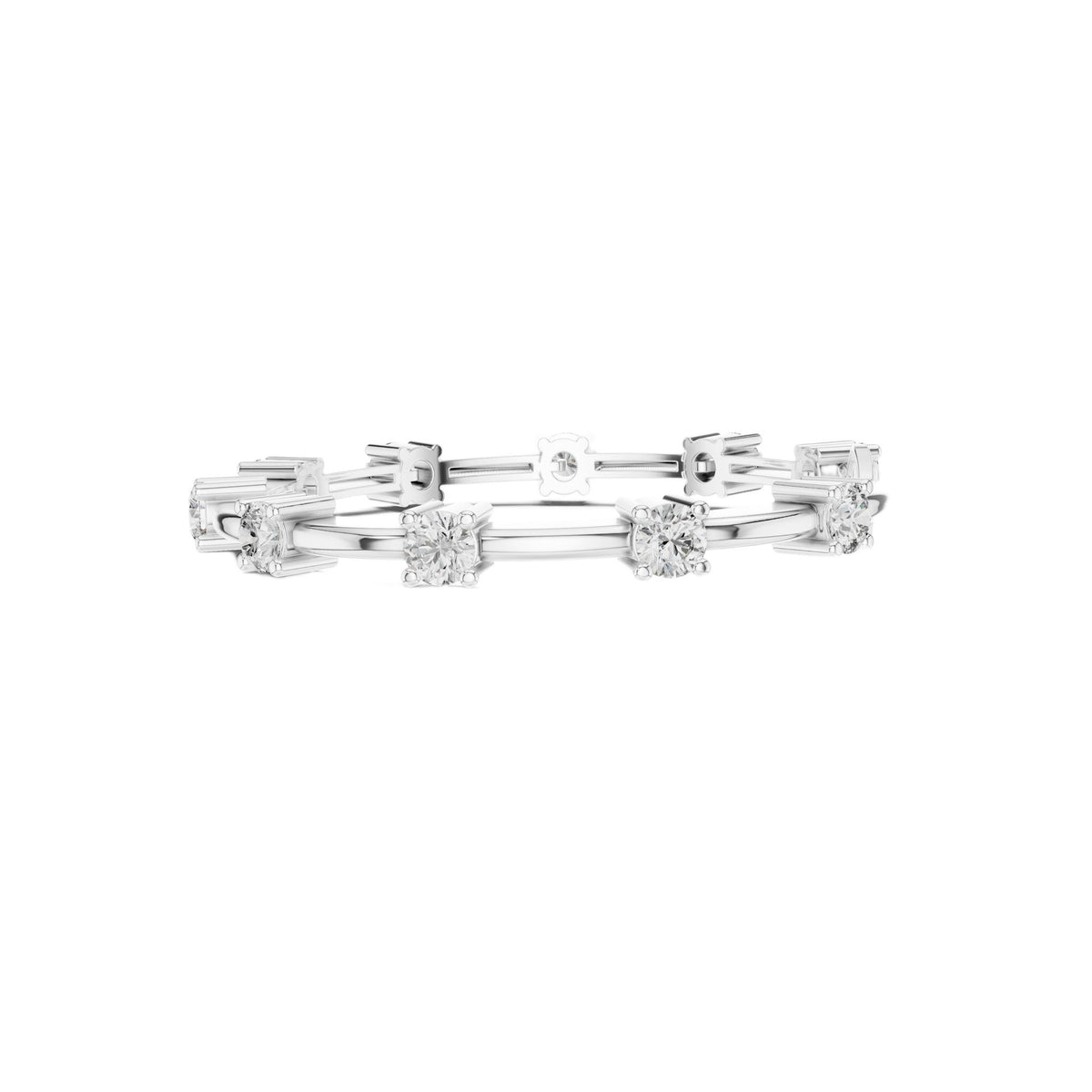 White gold diamond chain bracelet with round solitaire stones and geometric bar links