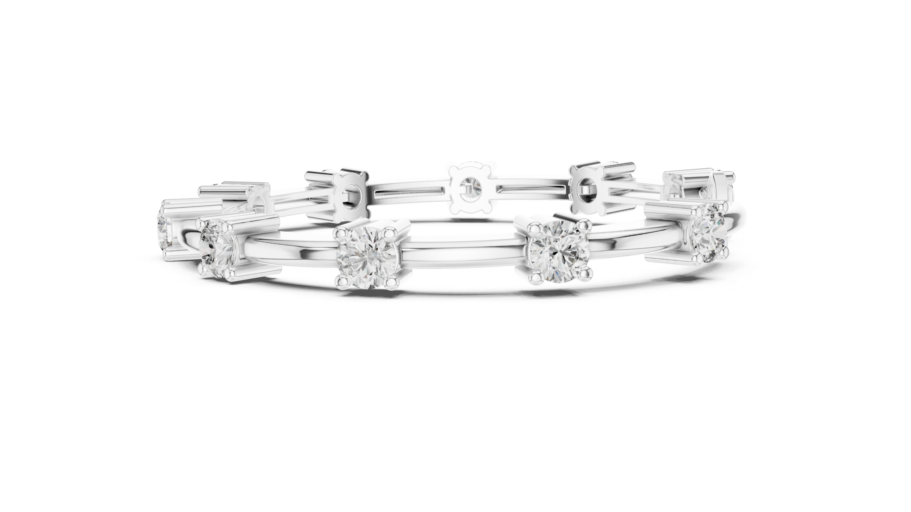 White gold diamond chain bracelet with round solitaire stones and geometric bar links