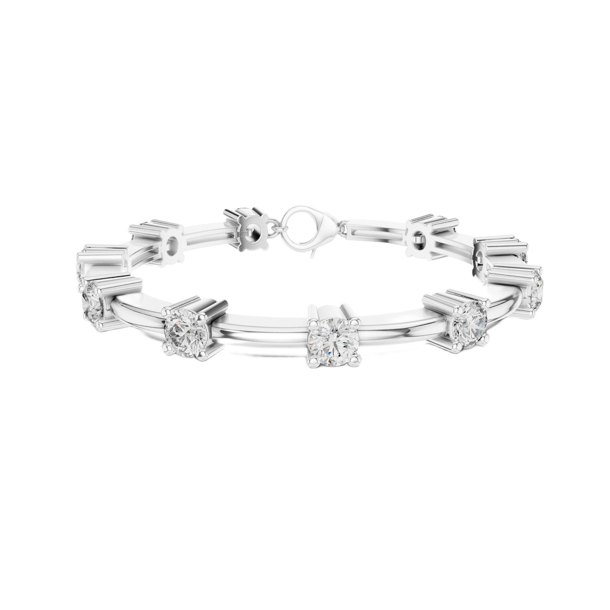Diamond chain bracelet in white gold with five round solitaire diamonds.
