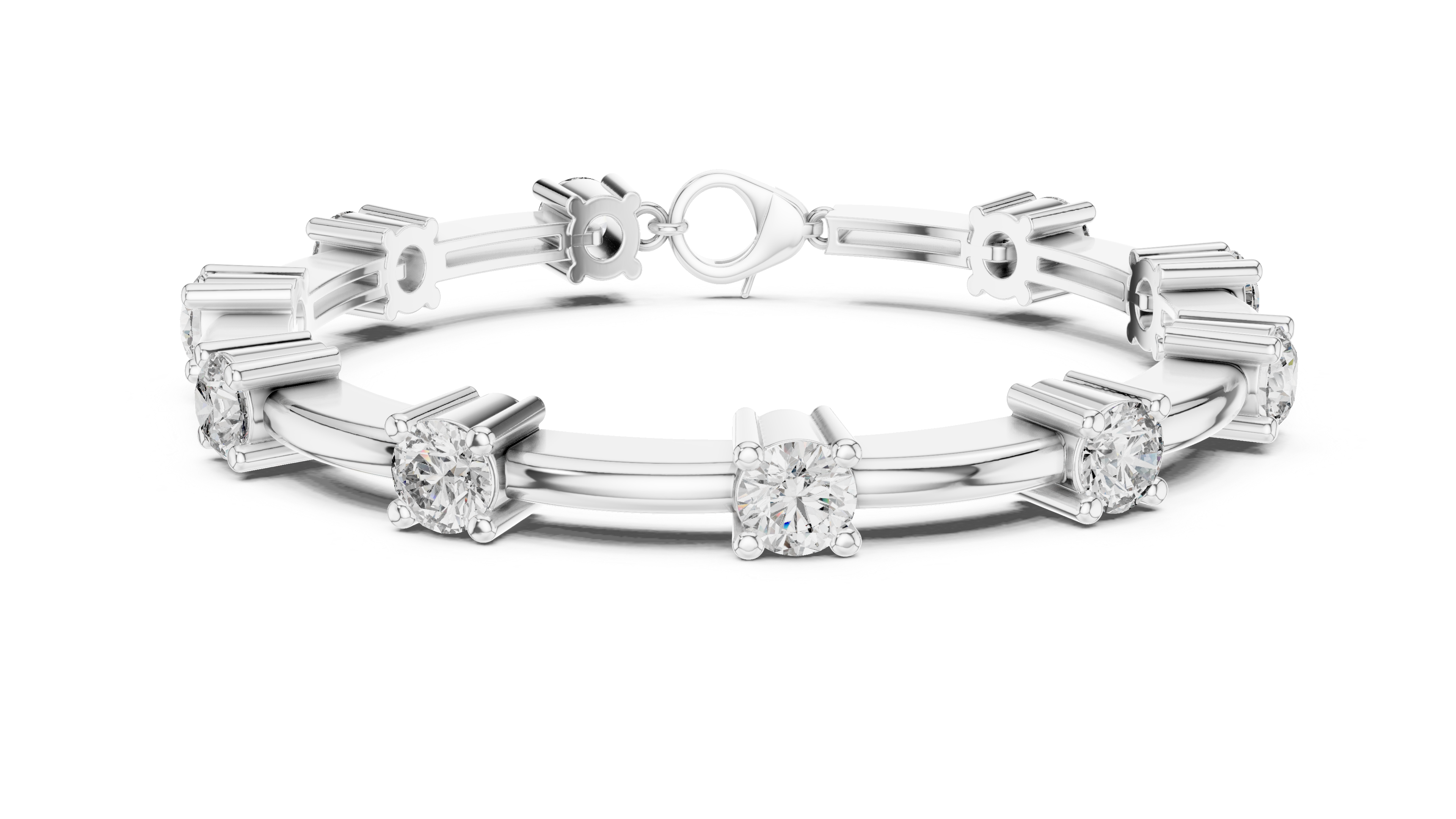 Diamond chain bracelet in white gold with five round solitaire diamonds.