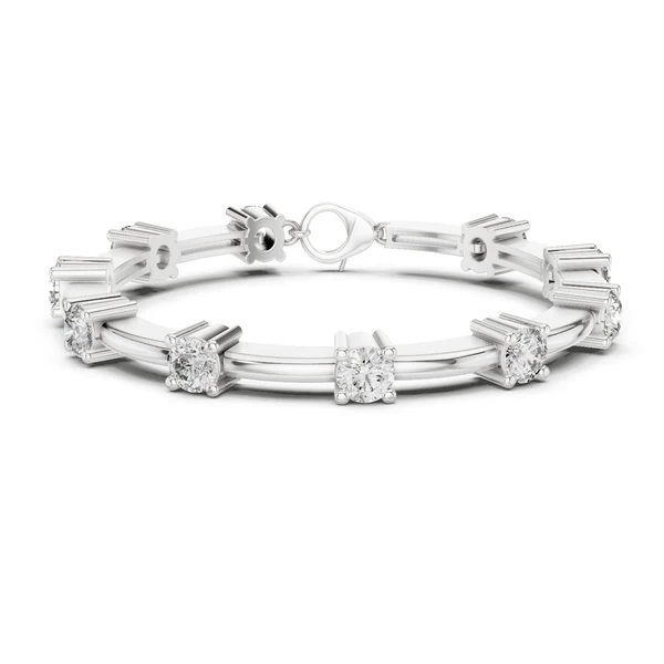 White gold diamond chain bracelet with round solitaire stones and open link frame