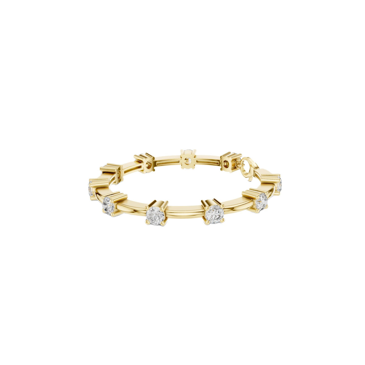 Yellow gold diamond chain bracelet with five round solitaire diamonds in a row.