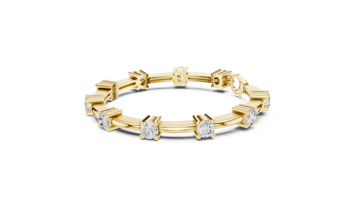 Yellow gold diamond chain bracelet with five round solitaire diamonds in a row.