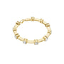 Yellow gold diamond chain bracelet with five round solitaire diamonds on the band.