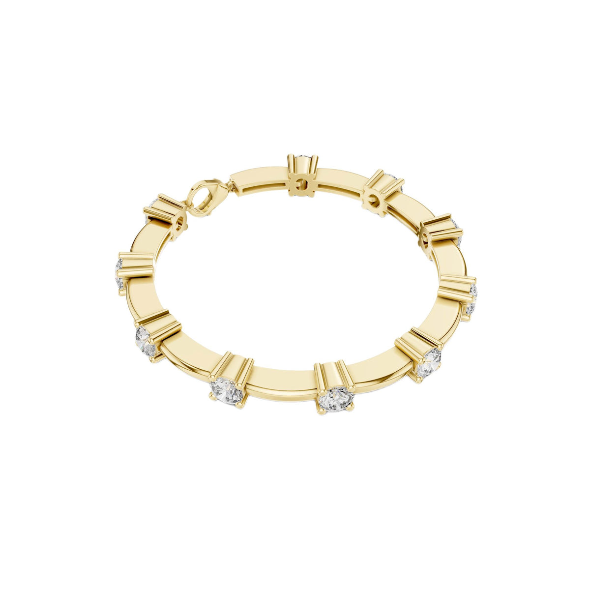 Yellow gold diamond chain bracelet with five round solitaire diamonds on the band.