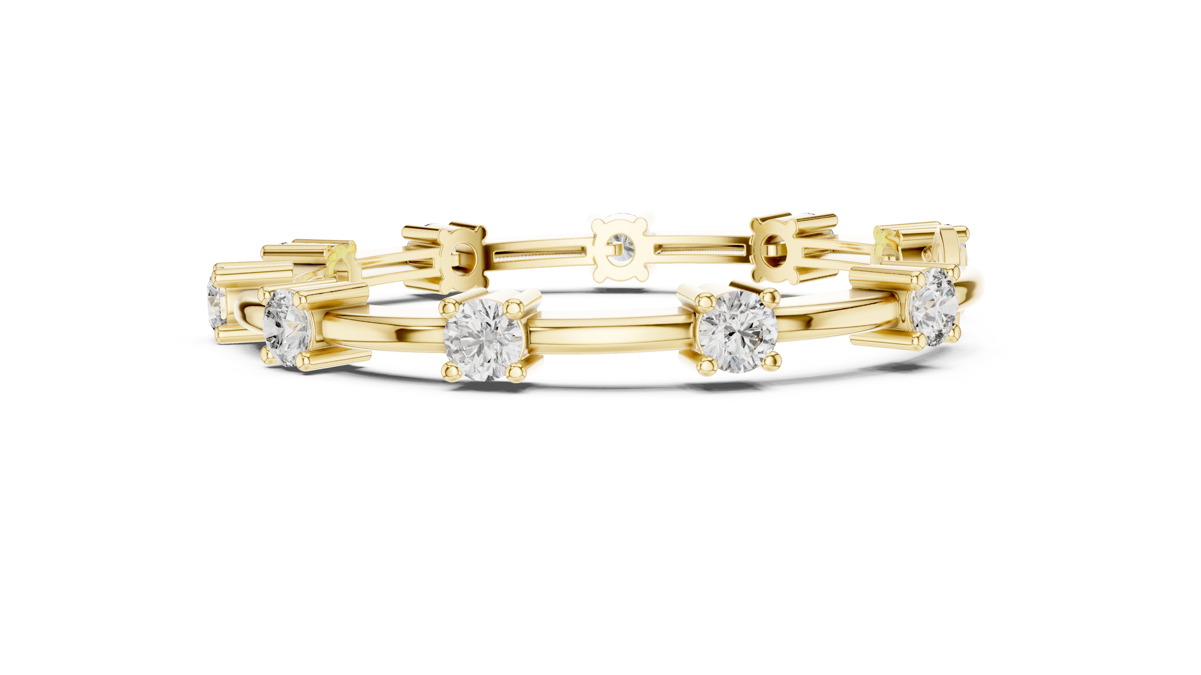 Yellow gold diamond chain bracelet featuring five round solitaire diamonds on the links.