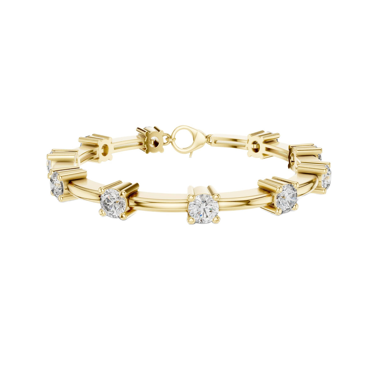 Diamond chain bracelet in yellow gold with five round solitaire diamonds.