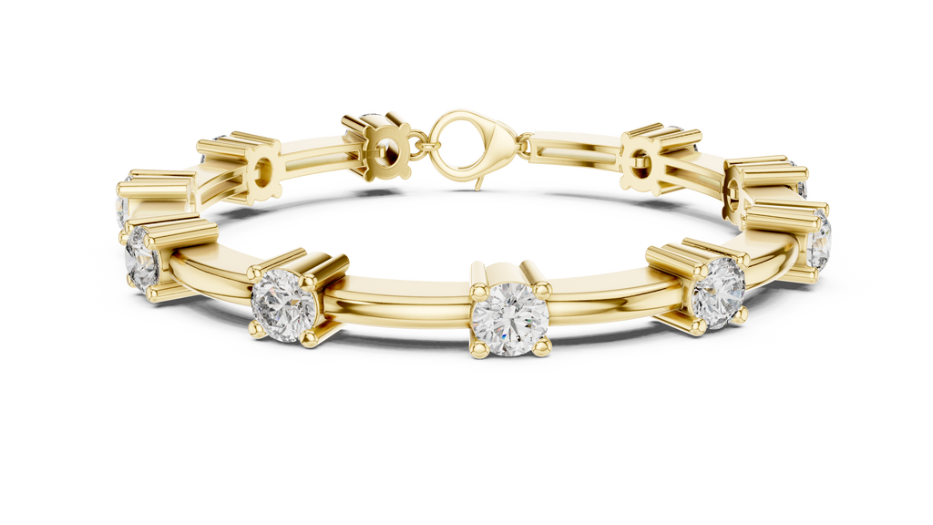 Diamond chain bracelet in yellow gold with five round solitaire diamonds.