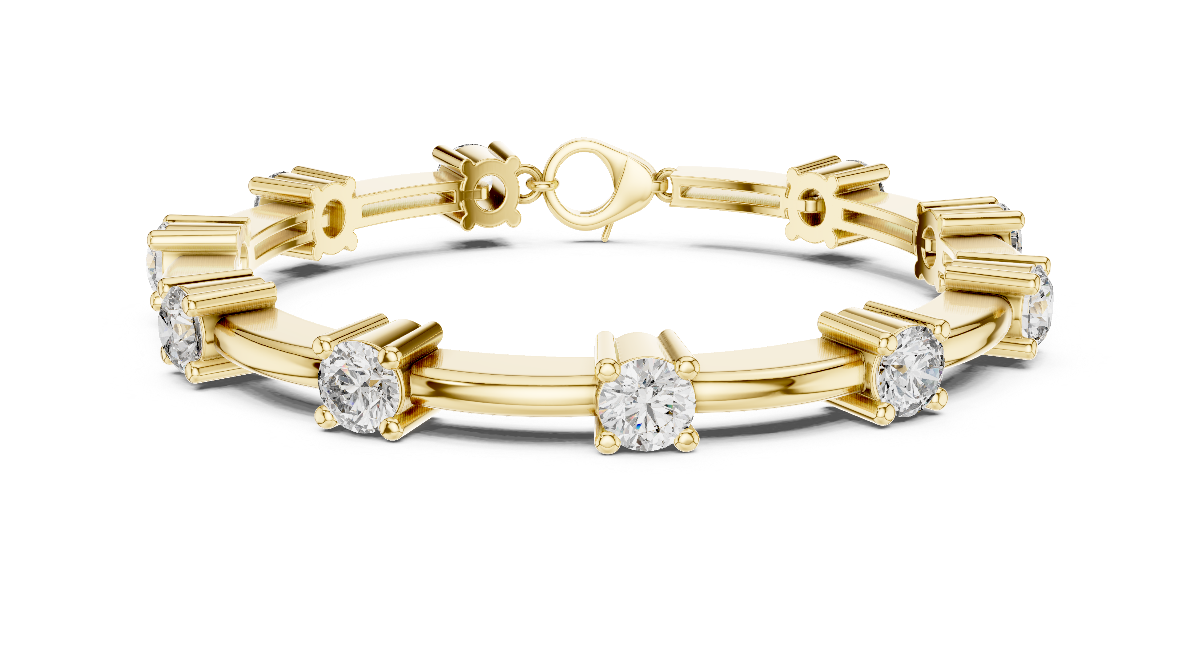 Diamond chain bracelet in yellow gold with five round solitaire diamonds.