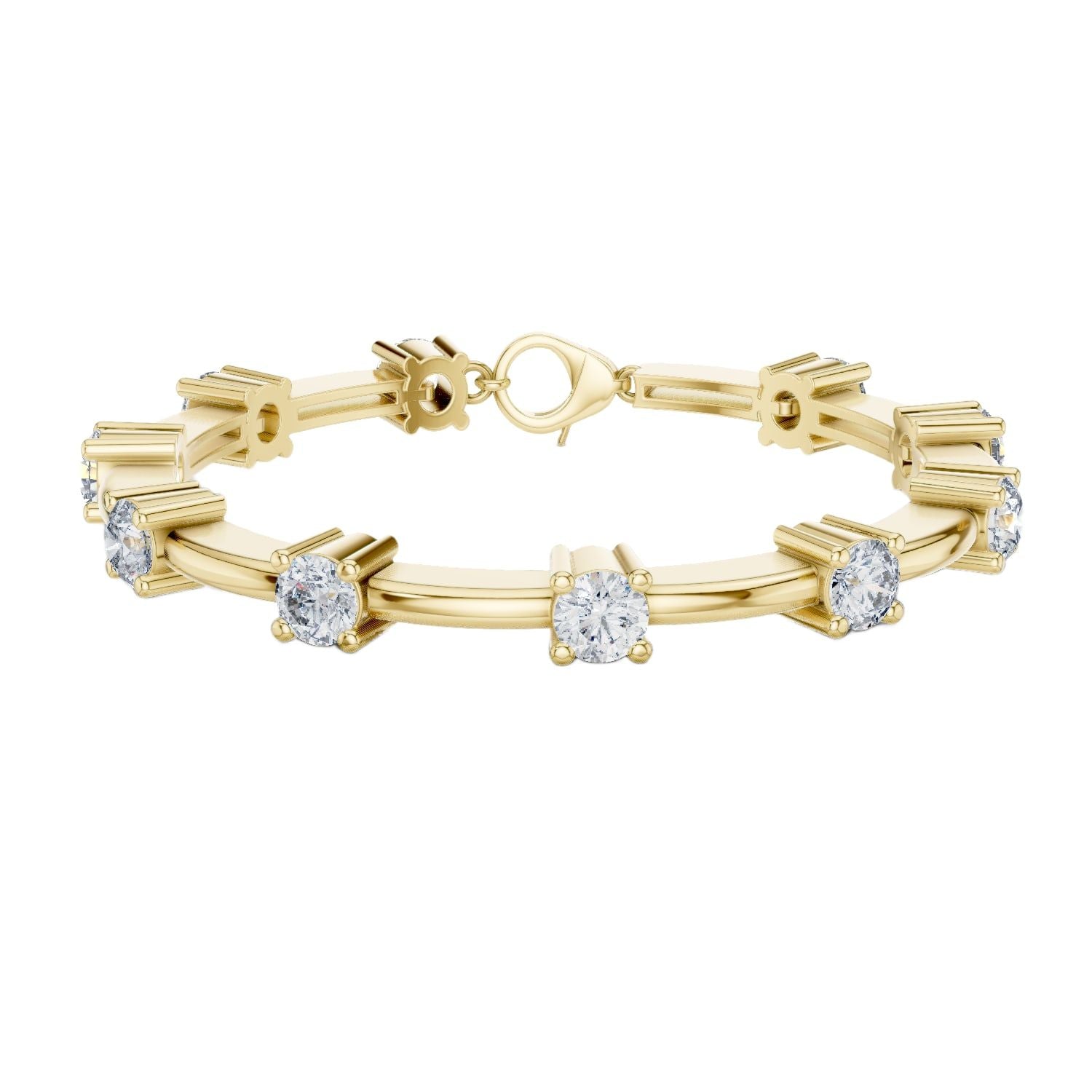 Yellow gold diamond chain bracelet with round solitaire stones and bar link settings
