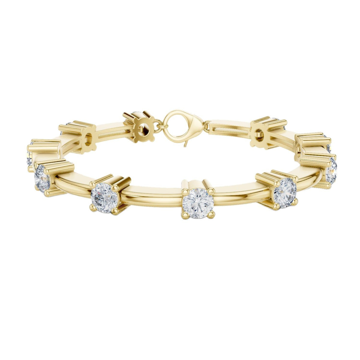 Yellow gold diamond chain bracelet with round solitaire stones and bar link settings