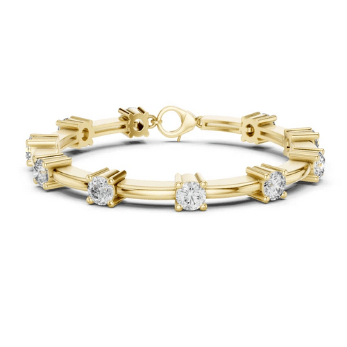 Yellow gold diamond chain bracelet with round solitaire stones and bar link settings