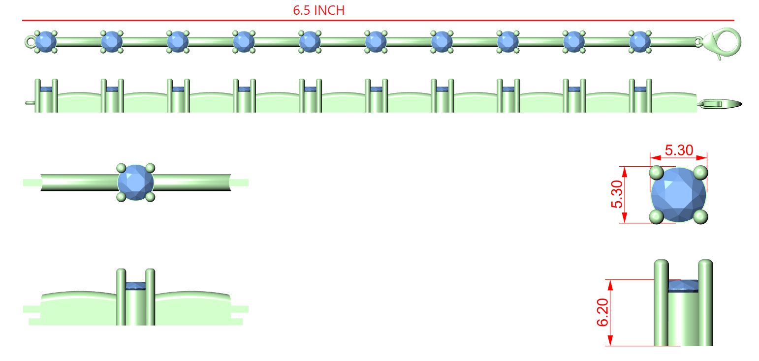 Bracelet design diagram showing diamond spacing and length measurement