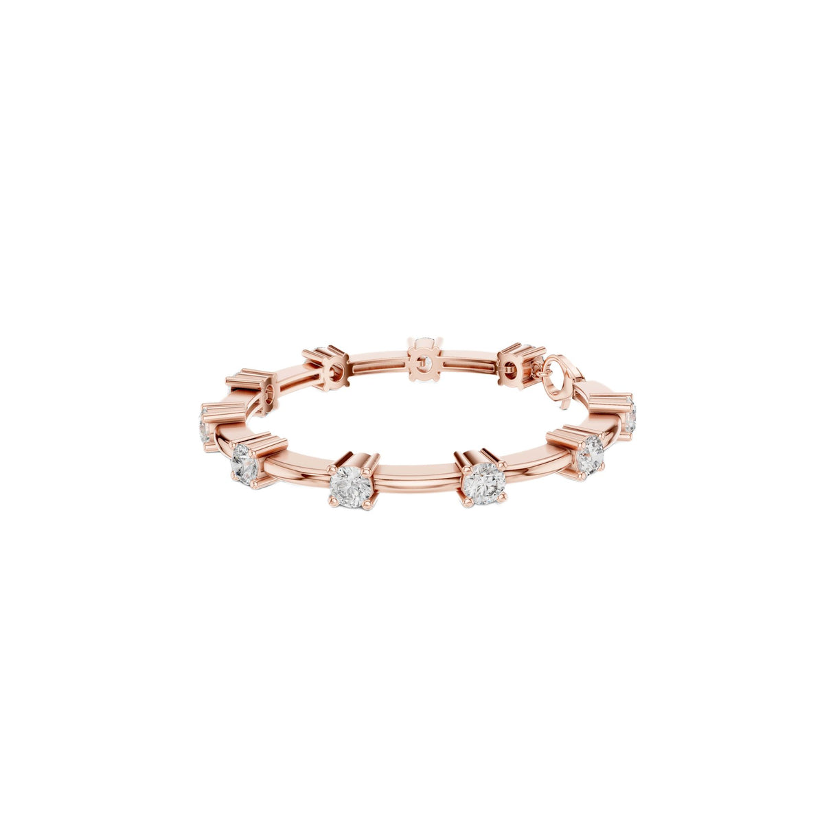 Rose gold diamond chain bracelet with five round solitaire diamonds in a row.