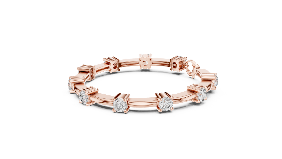 Rose gold diamond chain bracelet with five round solitaire diamonds in a row.