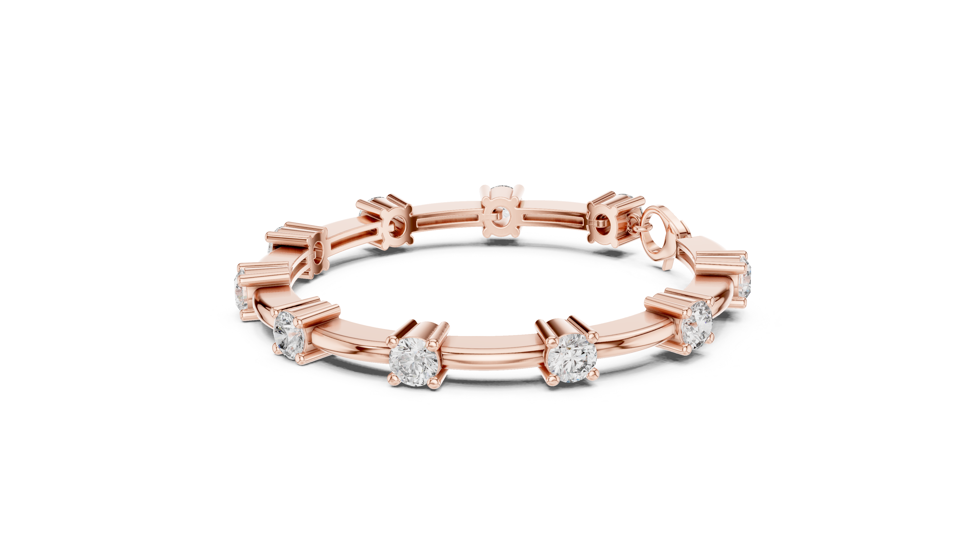 Rose gold diamond chain bracelet with five round solitaire diamonds in a row.