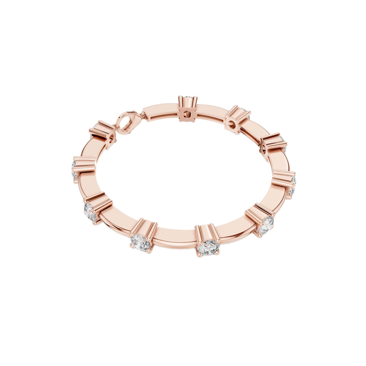 Rose gold diamond chain bracelet with five round solitaire diamonds along the band.
