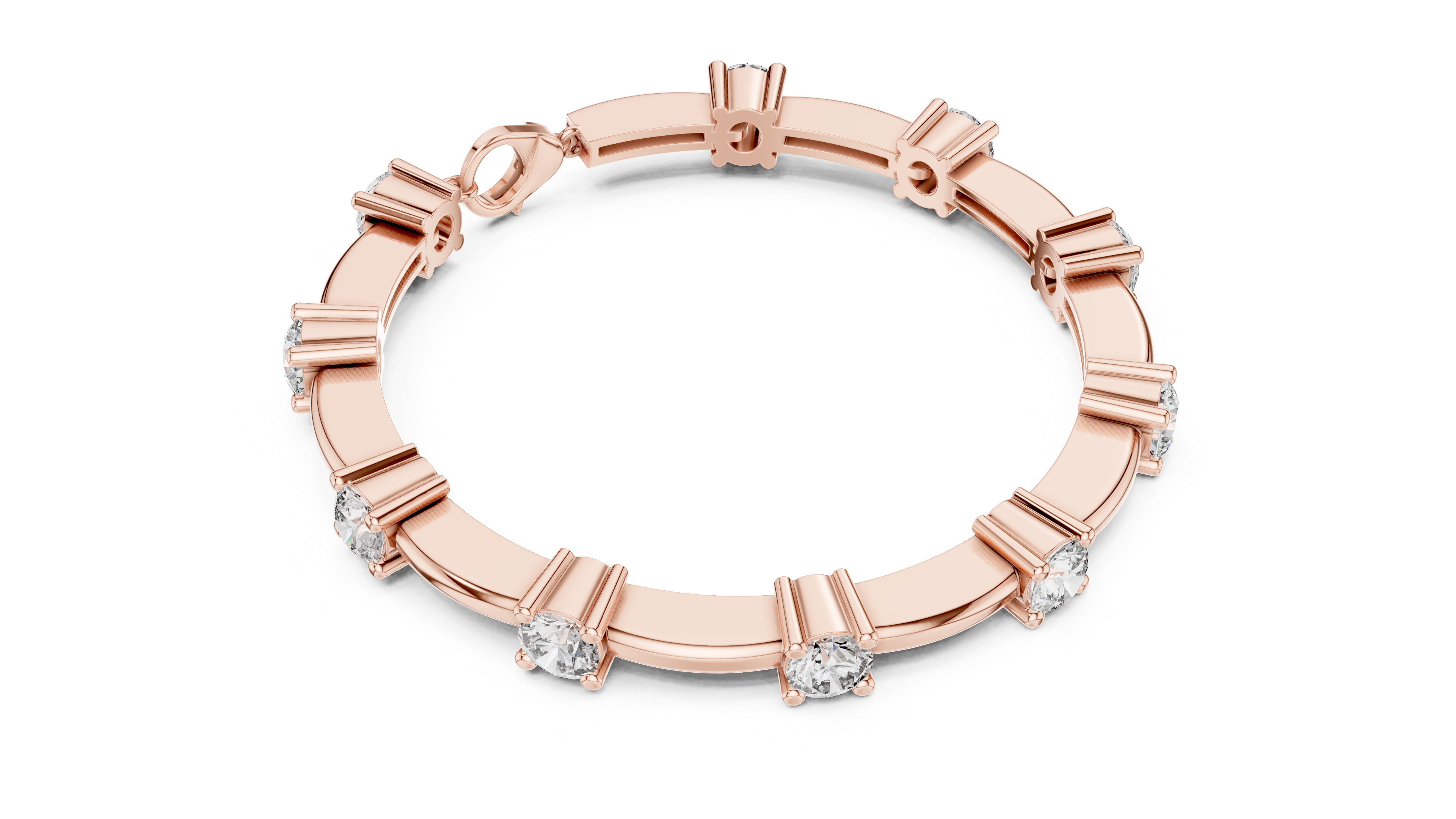 Rose gold diamond chain bracelet with five round solitaire diamonds along the band.