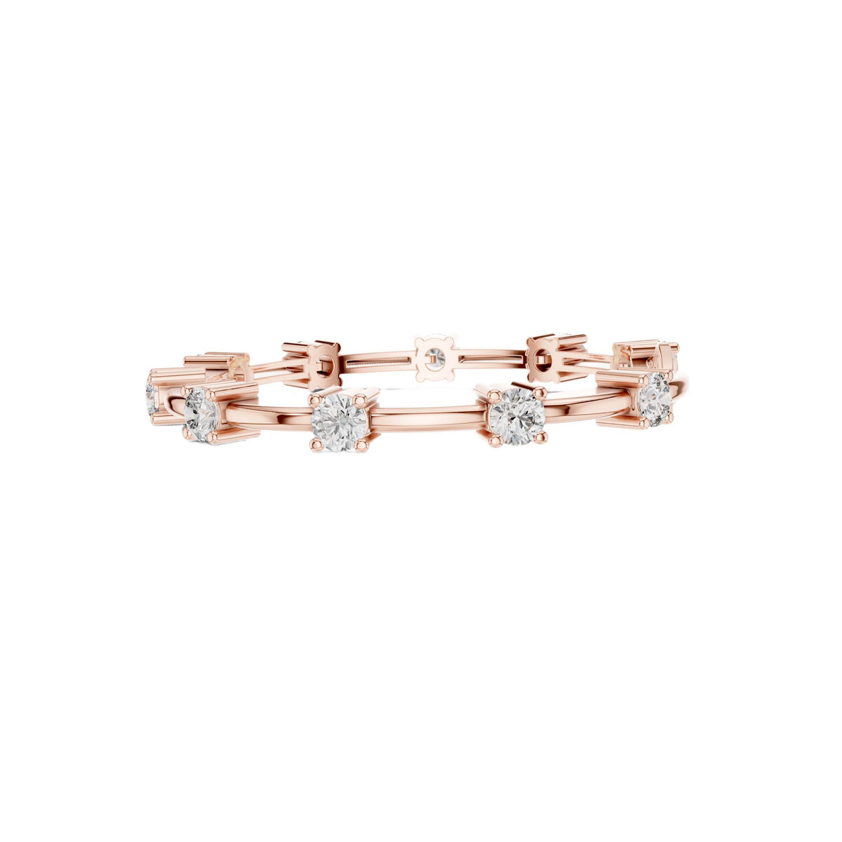 Rose gold diamond chain bracelet featuring five round solitaire diamonds on the links.