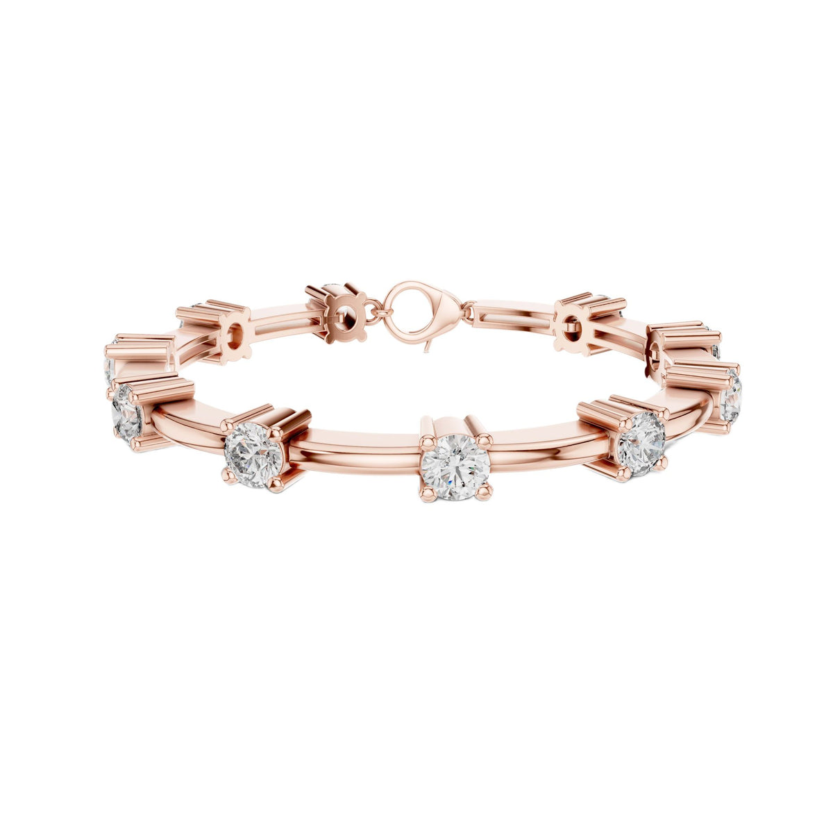 Diamond chain bracelet in rose gold with five round solitaire diamonds.