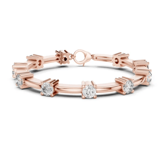 Rose gold diamond chain bracelet with round solitaire stones and bar link supports