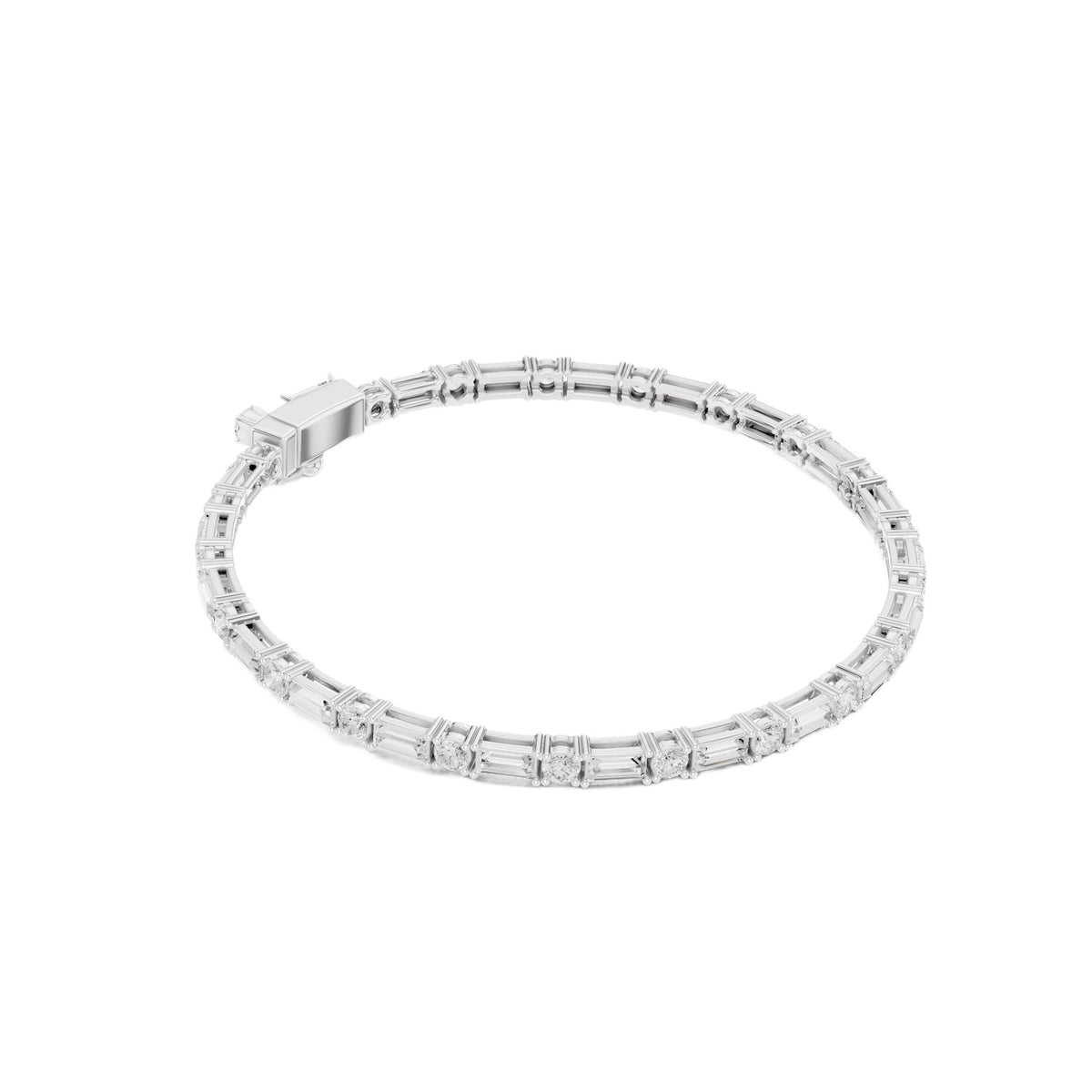 White gold diamond bracelet with baguette-cut stones in a slim tennis-style setting