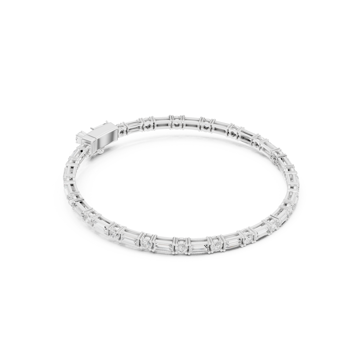 White gold diamond bracelet with baguette-cut stones in a slim tennis-style setting